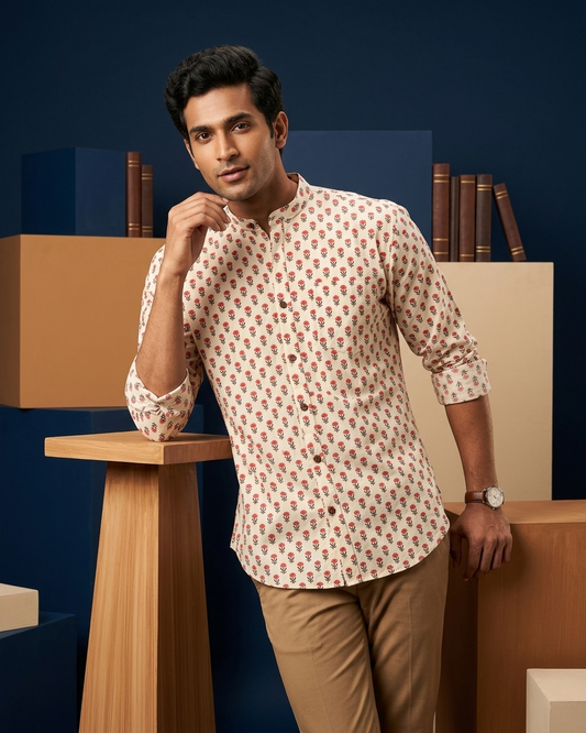 Small Floral Print Mandarin Collar Cotton Shirt for Men