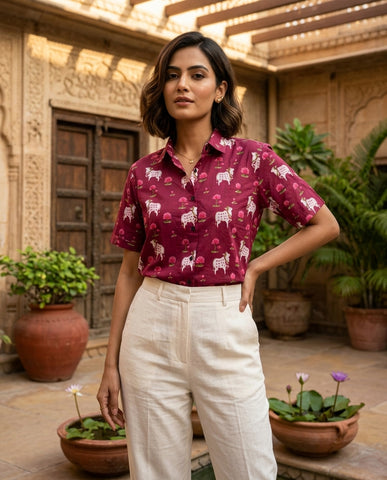Pichwai Cow Printed Cotton Half Sleeve Shirt For Women