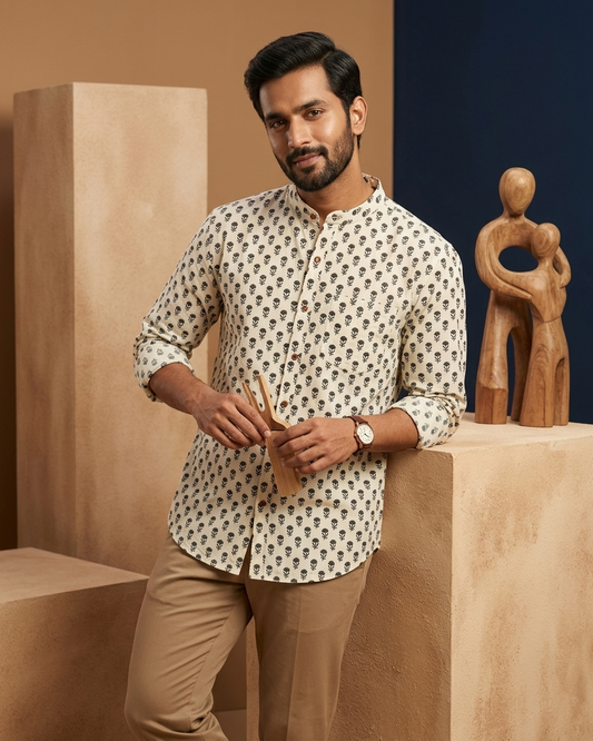 Small Floral Print Mandarin Collar Cotton Shirt for Men