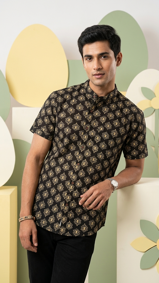 Mandarin Collar Floral Cotton Shirt for Men - Festive Edit
