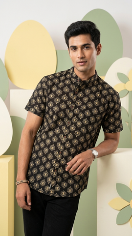 Mandarin Collar Floral Cotton Shirt for Men - Festive Edit