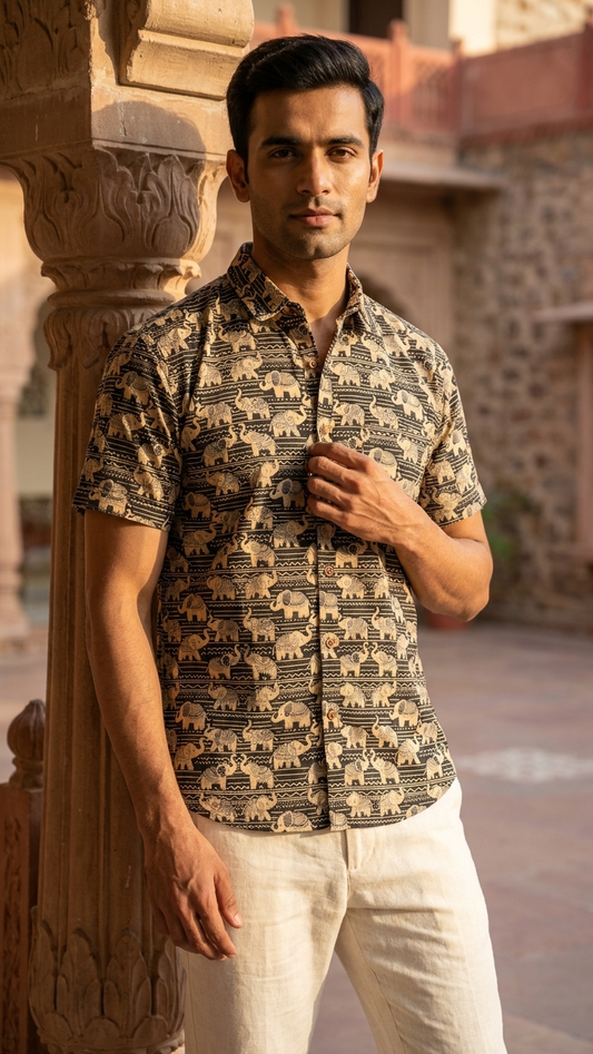 Traditional Elephant Print Cotton Shirt For Men