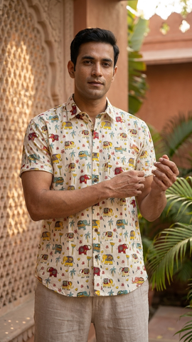 Traditional Elephant Print Cotton Shirt For Men