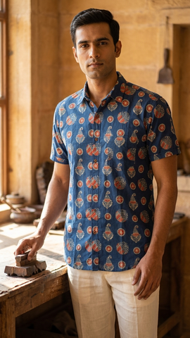 Batik Print Traditional Cotton Shirt For Men - By Kartikeya Jaipur