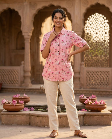 Pichwai Cow Printed Cotton Half Sleeve Shirt For Women