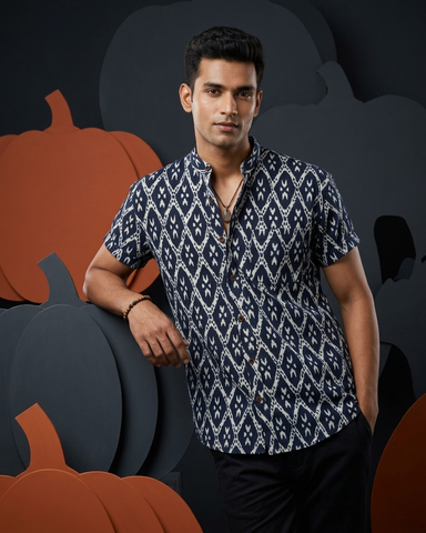 Casual Ikat Print Half Sleeve Cotton Shirt for Men