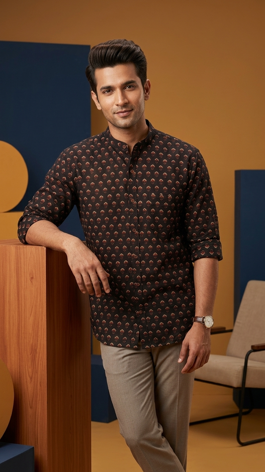 Ajrakh Print Mandarin Collar Cotton Shirt for Men