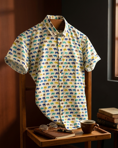 Small Elephant Print Cotton Shirt for Men
