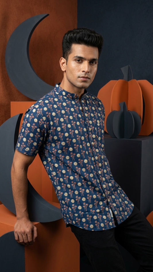 Kartikeya Jaipur Mandarin Collar Floral Cotton Shirt for Men