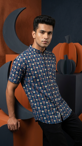 Kartikeya Jaipur Mandarin Collar Floral Cotton Shirt for Men