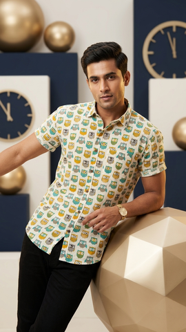Cute Owl Print Cotton Half Sleeve Men Shirt