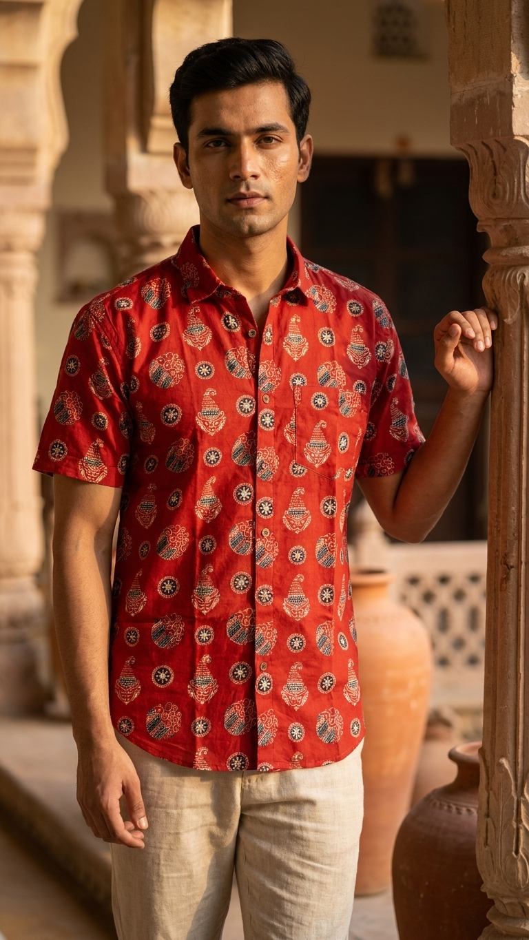 Batik Print Traditional Cotton Shirt For Men - By Kartikeya Jaipur
