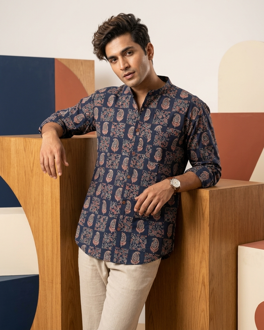 Floral Print Mandarin Collar Cotton Shirt for Men