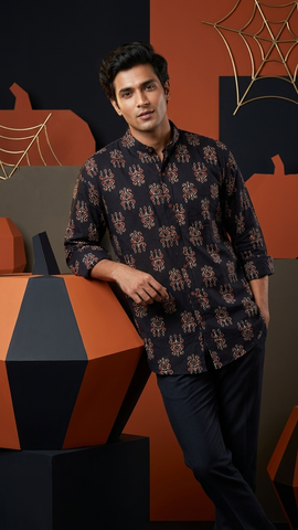 Black Mandarin Collar Floral Cotton Shirt for Men
