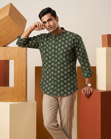 Floral Print Mandarin Collar Cotton Shirt for Men