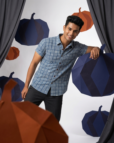 Indigo Print Cotton Half Sleeves Shirt for Men - Limited Edition