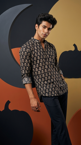 Black Mandarin Collar Floral Shirt for Men