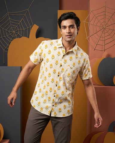 Traditional Print Half Sleeves Cotton Shirt for Men
