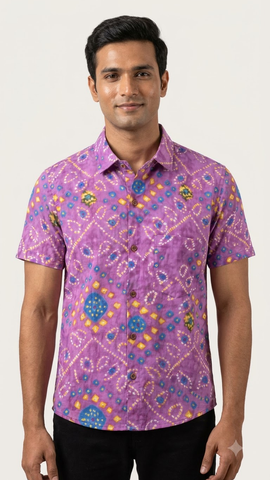 Purple Bandhej Print Men's Cotton Shirt