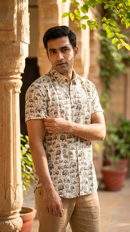 Traditional Elephant Print Cotton Shirt For Man
