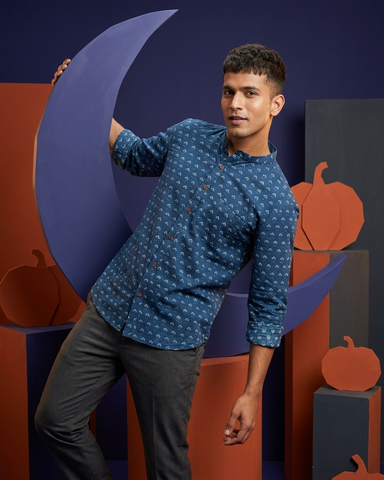 Ajrakh Print Mandarin Collar Cotton Shirt for Men