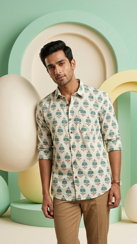 White Floral Print Cotton Full Sleeves Shirts for Men