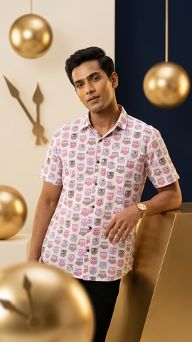 Half Sleeve Shirt for Men in Cute Owl Print