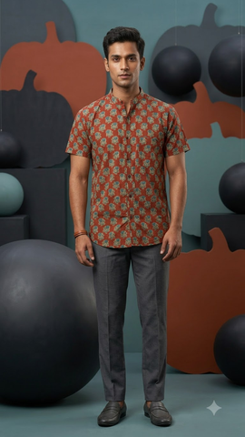 Floral Print Half Sleeve Cotton Shirt for Men - Mandarin