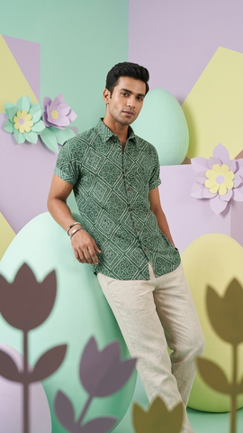Mens Handcrafted Bandhej Print Cotton Shirt - Mehndi Ceremony