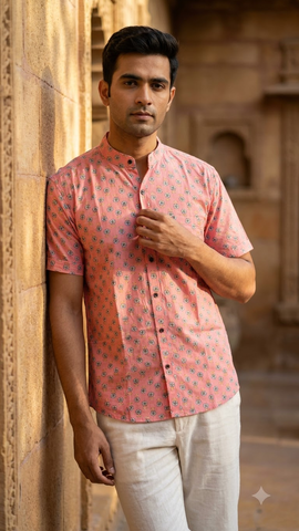 Floral Print Half Sleeve Cotton Shirt for Men