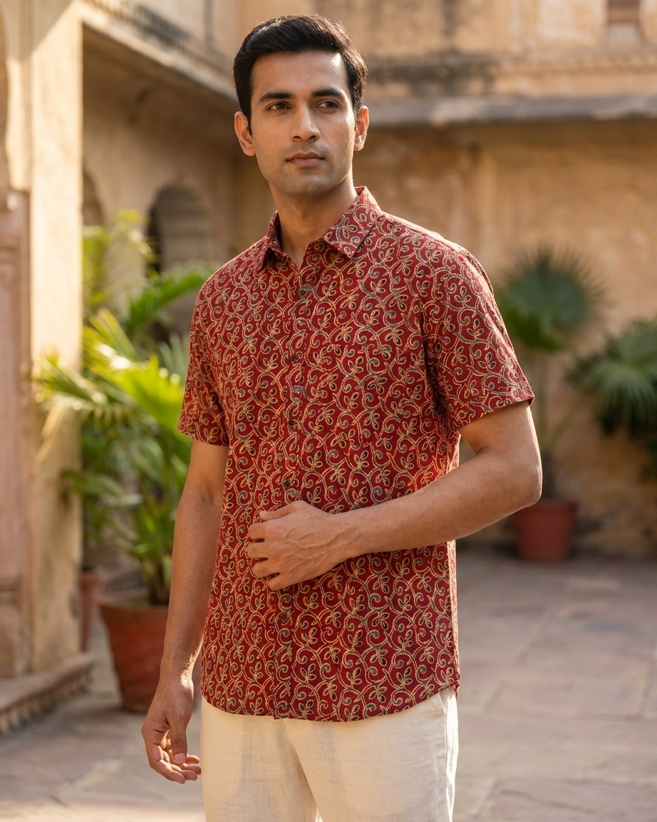 Ethnic Print Cotton Half Sleeves Shirt for Men