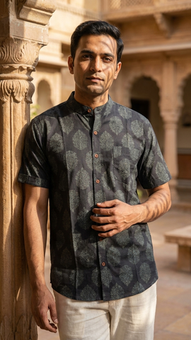 Ajrakh Boota Print Half Sleeve Cotton Shirt for Men - Festive Edit