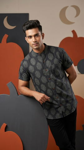 Ajrakh Boota Print Half Sleeve Cotton Shirt for Men - Festive Edit