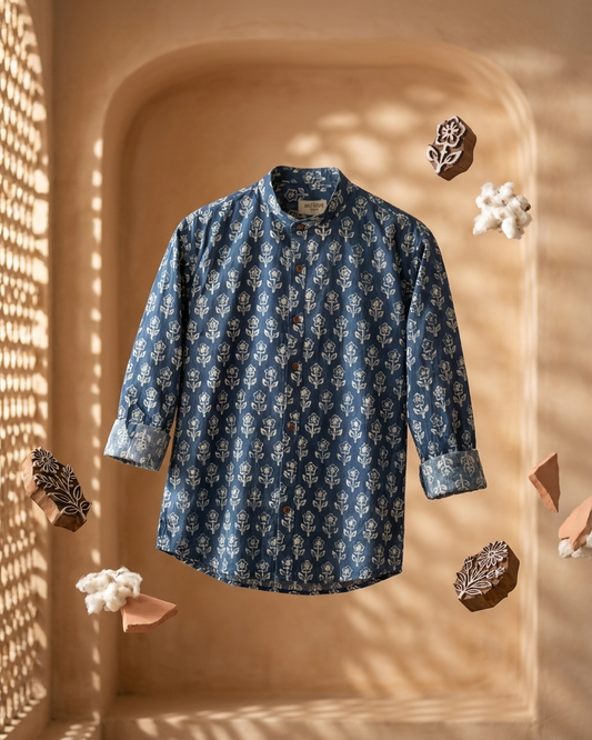 Sanganeri Print Mandarin Collar Cotton Shirt for Men