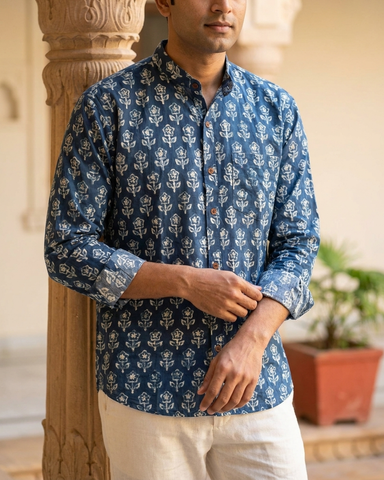 Sanganeri Print Mandarin Collar Cotton Shirt for Men