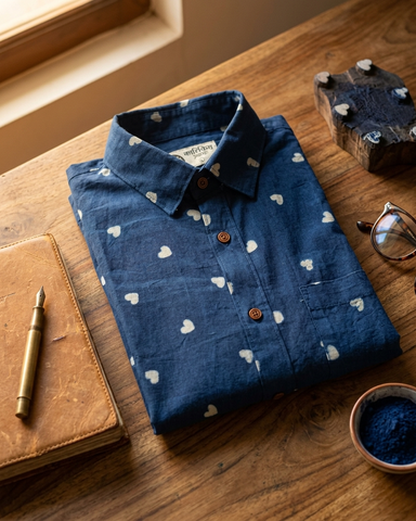 Indigo Classic Handcrafted Half Sleeves Shirt For Men - Organic