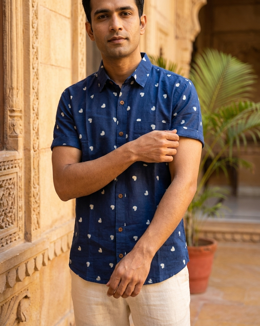 Indigo Classic Handcrafted Half Sleeves Shirt For Men - Organic