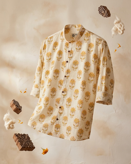 Floral Print Mandarin Collar Cotton Shirt for Men