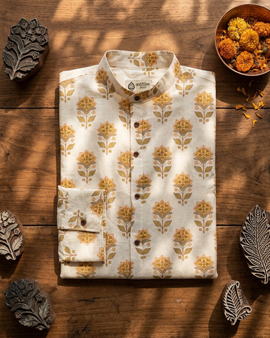 Floral Print Mandarin Collar Cotton Shirt for Men