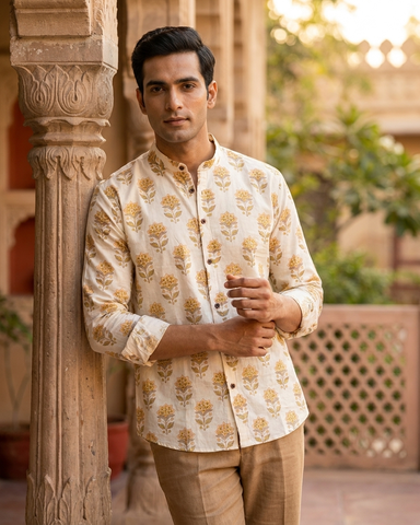 Floral Print Mandarin Collar Cotton Shirt for Men
