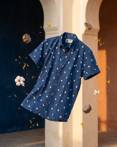 Indigo Classic Handcrafted Half Sleeves Shirt For Men - Organic