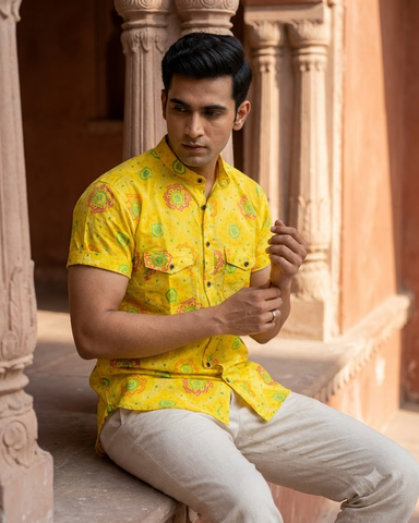 Bandhej Haldi Print Double Flap Pocket Shirt For Men