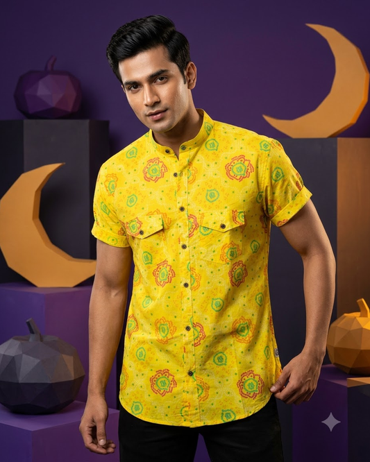 Bandhej Haldi Print Double Flap Pocket Shirt For Men