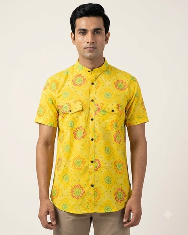 Bandhej Haldi Print Double Flap Pocket Shirt For Men