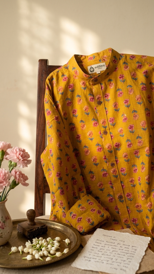 Haldi Print Mandarin Collar Cotton Shirt for Men
