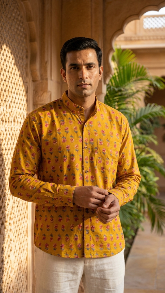 Haldi Print Mandarin Collar Cotton Shirt for Men