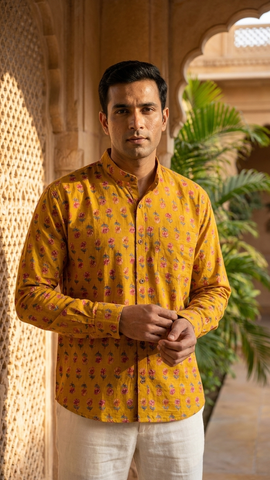 Haldi Print Mandarin Collar Cotton Shirt for Men