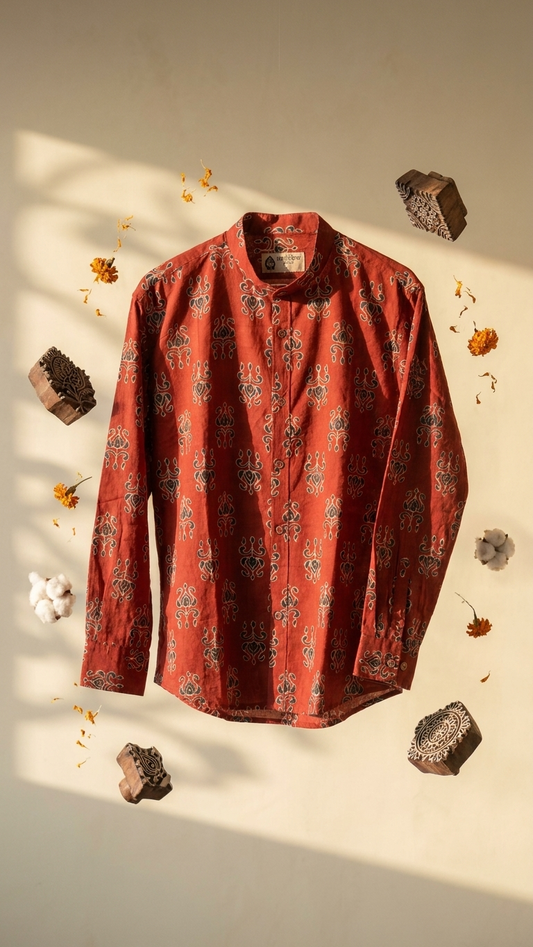 Ajrakh Print Mandarin Collar Cotton Shirt for Men