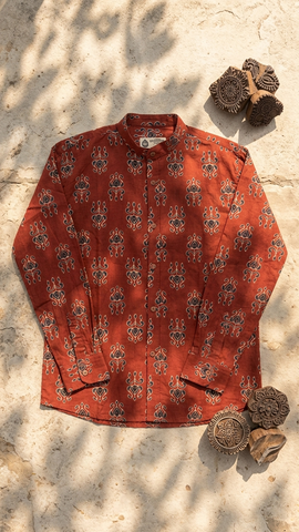 Ajrakh Print Mandarin Collar Cotton Shirt for Men