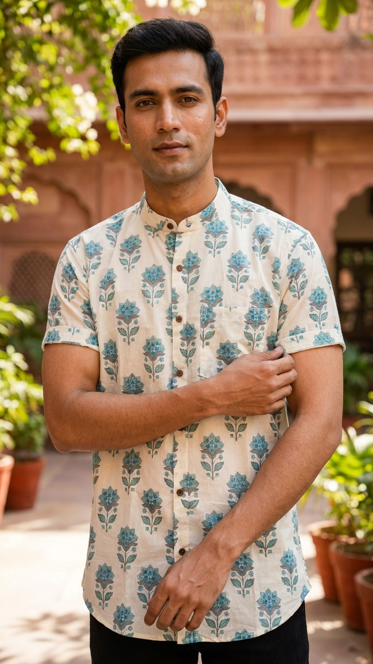 Floral Print Half Sleeve Mandarin Collar Cotton Shirt for Men
